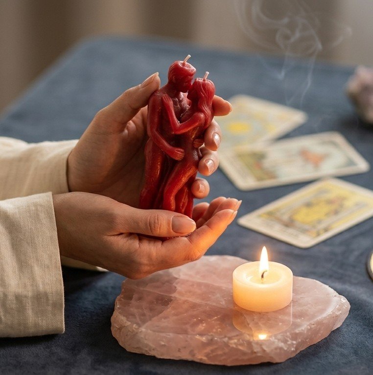 Pareja de velas rojas abrazadas