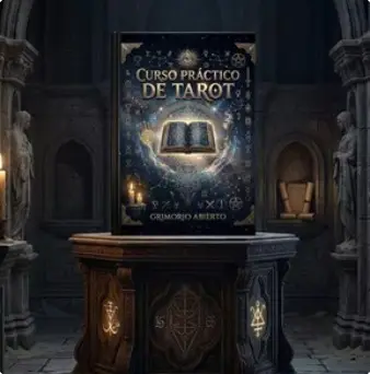Libro Curso Práctico de Tarot Grimorio Abierto sobre un pedestal de piedra en una cámara mística, ideal para aprender lectura de tarot en Medellín.